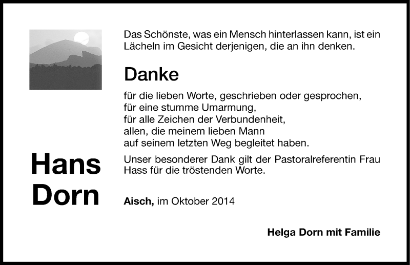  Traueranzeige für Hans Dorn vom 25.10.2014 aus Nordbayerische Nachrichten Herzogenaurach Lokal