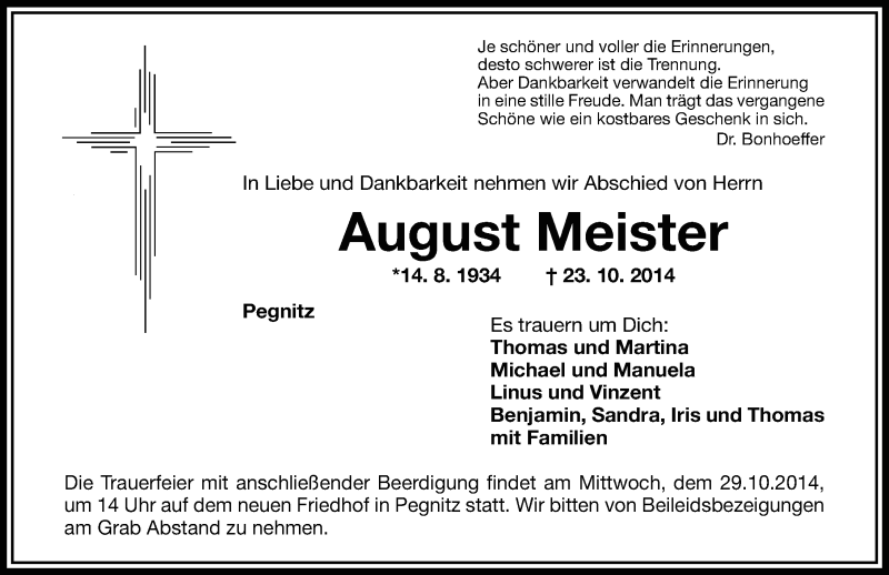  Traueranzeige für August Meister vom 25.10.2014 aus Nordbayerische Nachrichten Pegnitz Lokal