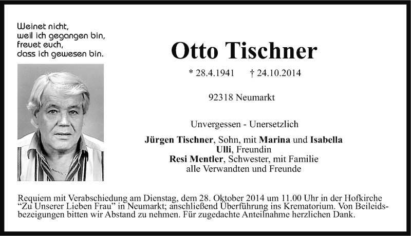  Traueranzeige für Otto Tischner vom 27.10.2014 aus Neumarkter Nachrichten Lokal