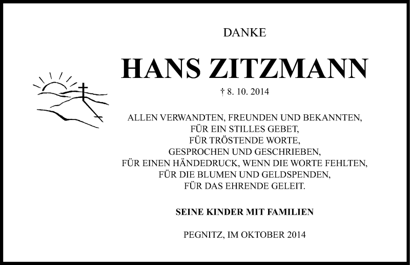  Traueranzeige für Hans Zitzmann vom 31.10.2014 aus Nordbayerische Nachrichten Pegnitz Lokal