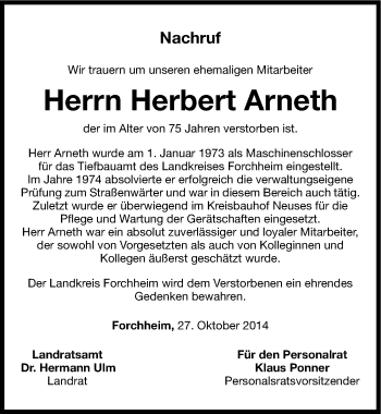 Traueranzeige von Herbert Arneth von Nordbayerische Nachrichten Forchheim Lokal