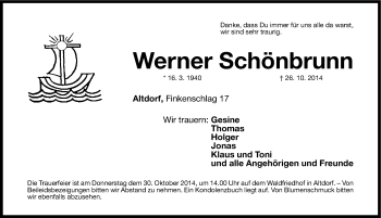 Traueranzeige von Werner Schönbrunn von Gesamtausgabe Nürnberger Nachrichten/ Nürnberger Ztg.