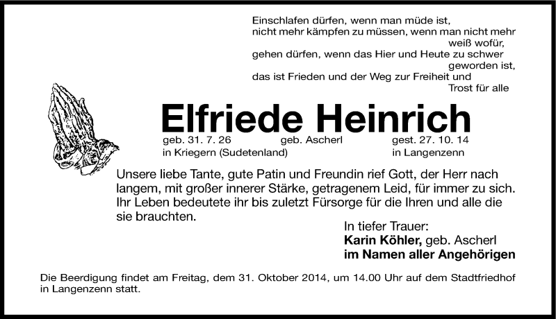  Traueranzeige für Elfriede Heinrich vom 29.10.2014 aus Fürther Nachrichten Lokal
