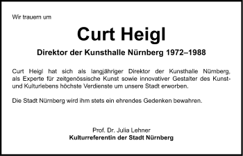 Traueranzeige von Curt Heigl von Gesamtausgabe Nürnberger Nachrichten/ Nürnberger Ztg.