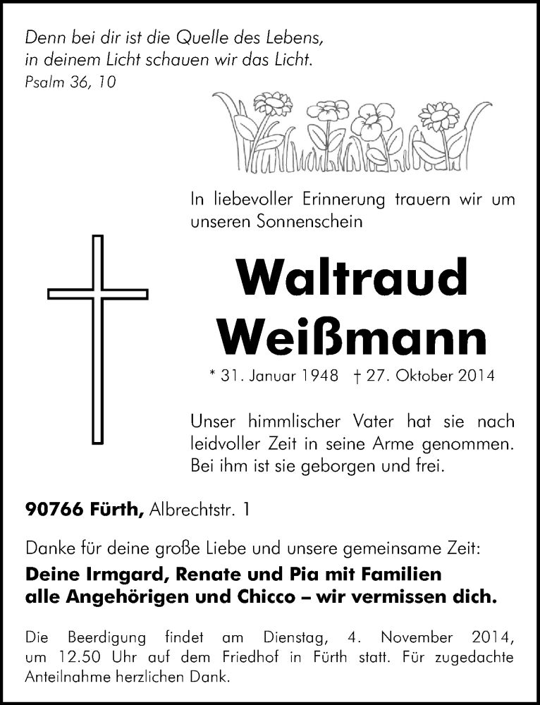  Traueranzeige für Waltraud Weißmann vom 30.10.2014 aus Fürther Nachrichten Lokal