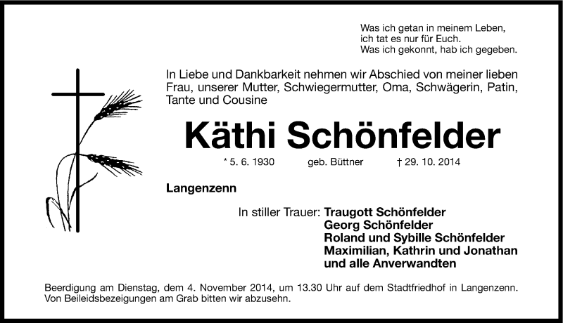  Traueranzeige für Käthi Schönfelder vom 03.11.2014 aus Fürther Nachrichten Lokal