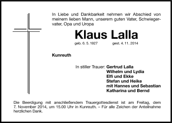 Traueranzeige von Klaus Lalla von Nordbayerische Nachrichten Forchheim Lokal