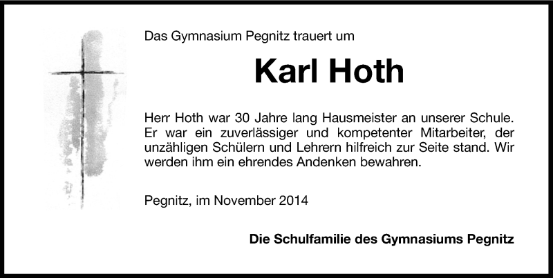  Traueranzeige für Karl Hoth vom 08.11.2014 aus Nordbayerische Nachrichten Pegnitz Lokal