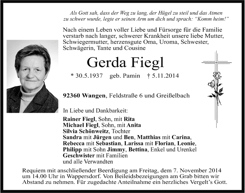 Traueranzeigen von Gerda Fiegl | trauer.nn.de