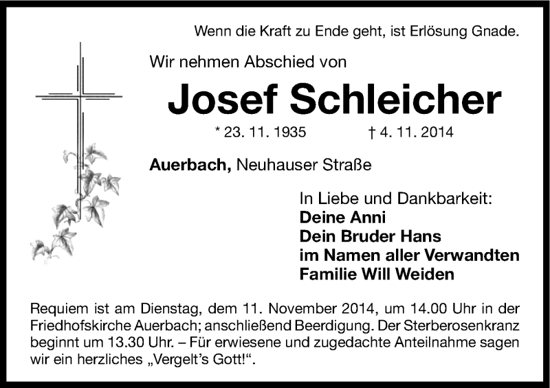  Traueranzeige für Josef Schleicher vom 08.11.2014 aus Nordbayerische Nachrichten Pegnitz Lokal