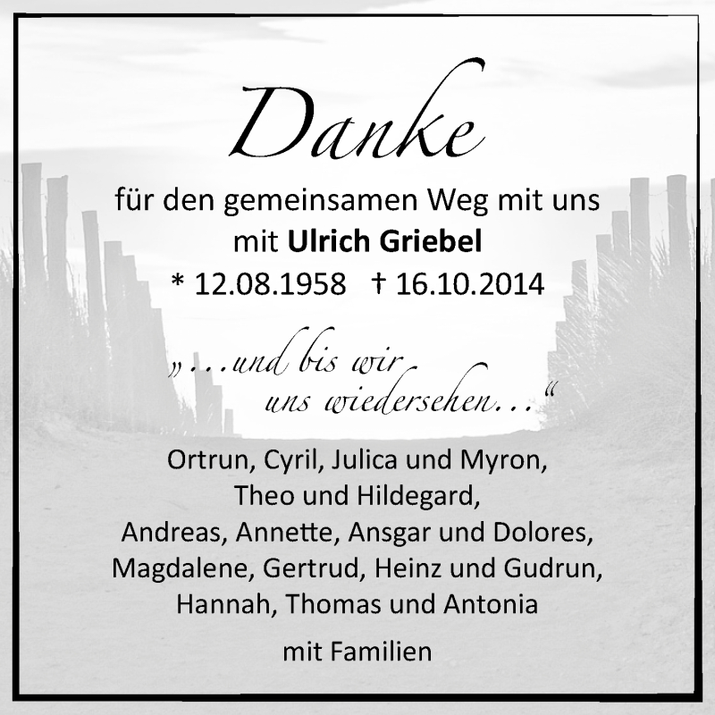  Traueranzeige für Ulrich Griebel vom 08.11.2014 aus Gesamtausgabe Nürnberger Nachrichten/ Nürnberger Ztg.