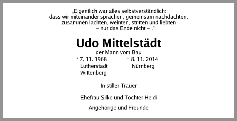  Traueranzeige für Udo Mittelstädt vom 12.11.2014 aus Gesamtausgabe Nürnberger Nachrichten/ Nürnberger Ztg.