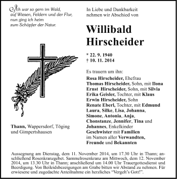 Traueranzeige von Willibald Hirscheider von Neumarkter Nachrichten Lokal