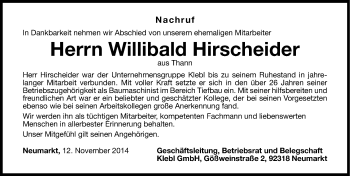 Traueranzeige von Willibald Hirscheider von Neumarkter Nachrichten Lokal