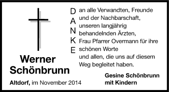 Traueranzeige von Werner Schönbrunn von Gesamtausgabe Nürnberger Nachrichten/ Nürnberger Ztg.