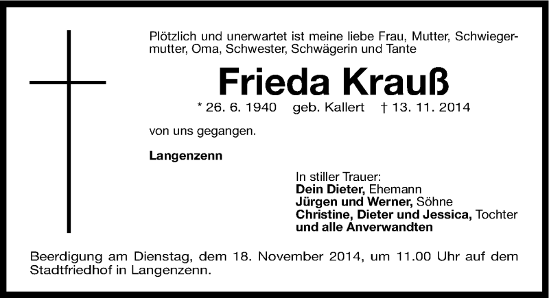  Traueranzeige für Frieda Krauß vom 15.11.2014 aus Fürther Nachrichten Lokal
