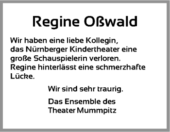 Traueranzeige von Regine Oßwald von Gesamtausgabe Nürnberger Nachrichten/ Nürnberger Ztg.