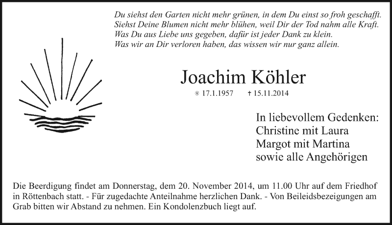  Traueranzeige für Joachim Köhler vom 18.11.2014 aus Erlanger Nachrichten Lokal