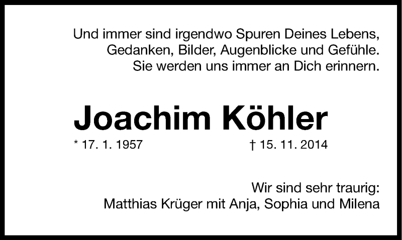  Traueranzeige für Joachim Köhler vom 20.11.2014 aus Erlanger Nachrichten Lokal