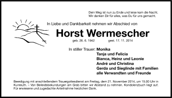 Traueranzeige von Horst Wermescher von Gesamtausgabe Nürnberger Nachrichten/ Nürnberger Ztg.