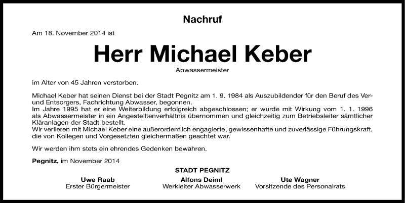  Traueranzeige für Michael Keber vom 22.11.2014 aus Nordbayerische Nachrichten Pegnitz Lokal