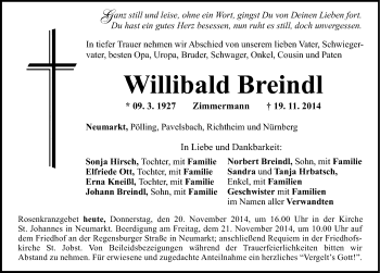 Traueranzeige von Willibald Breindl von Neumarkter Nachrichten Lokal