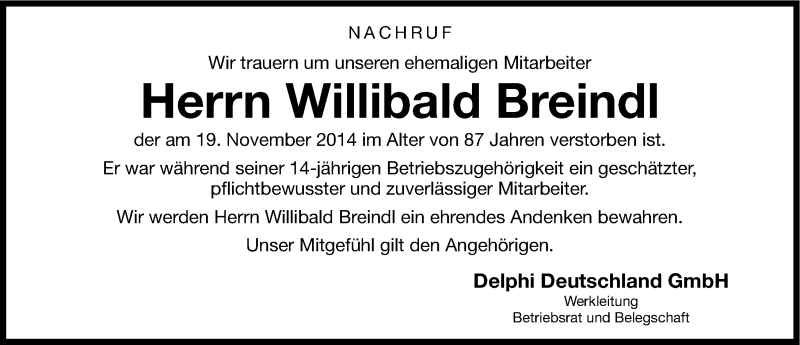  Traueranzeige für Willibald Breindl vom 21.11.2014 aus Neumarkter Nachrichten Lokal