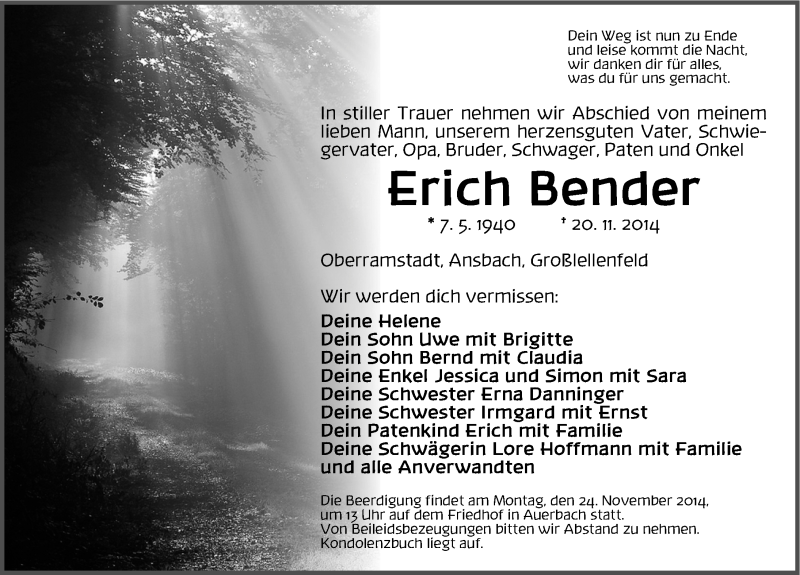 Traueranzeige für Erich Bender vom 22.11.2014 aus Altmühl-Bote Lokal