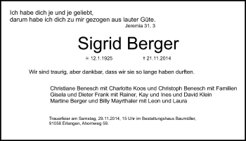 Traueranzeige von Sigrid Berger von Erlanger Nachrichten Lokal