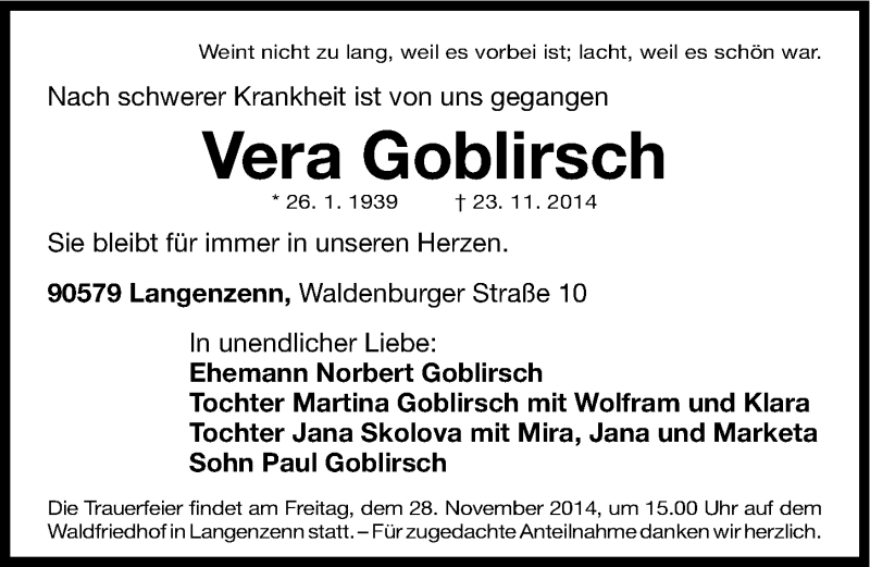  Traueranzeige für Vera Goblirsch vom 26.11.2014 aus Fürther Nachrichten Lokal
