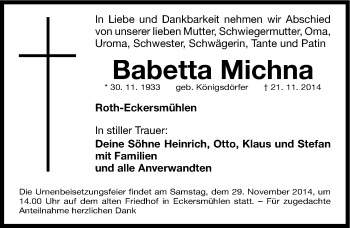 Traueranzeige von Babetta Michna von Roth-Hilpoltsteiner Volkszeitung Lokal