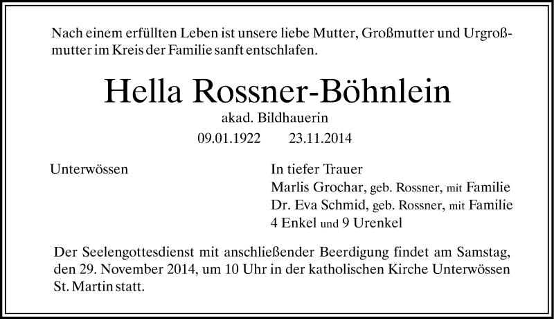  Traueranzeige für Hella Rossner-Böhnlein vom 27.11.2014 aus Gesamtausgabe Nürnberger Nachrichten/ Nürnberger Ztg.