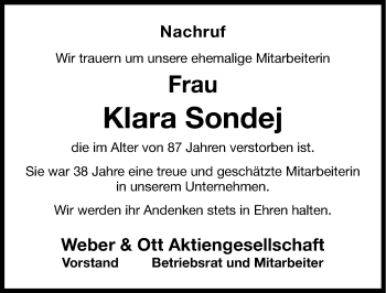 Traueranzeige von Klara Sondej von Nordbayerische Nachrichten Forchheim Lokal