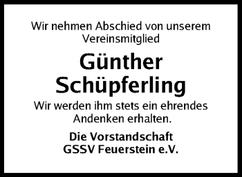 Traueranzeige von Günther Schüpferling von Nordbayerische Nachrichten Forchheim Lokal