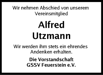 Traueranzeige von Alfred Utzmann von Nordbayerische Nachrichten Forchheim Lokal