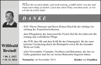 Traueranzeige von Willibald Breindl von Neumarkter Nachrichten Lokal