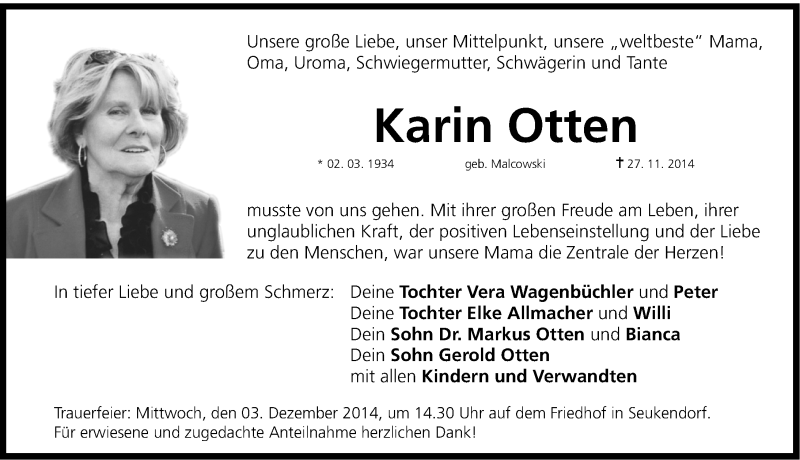  Traueranzeige für Karin Otten vom 29.11.2014 aus Fürther Nachrichten Lokal