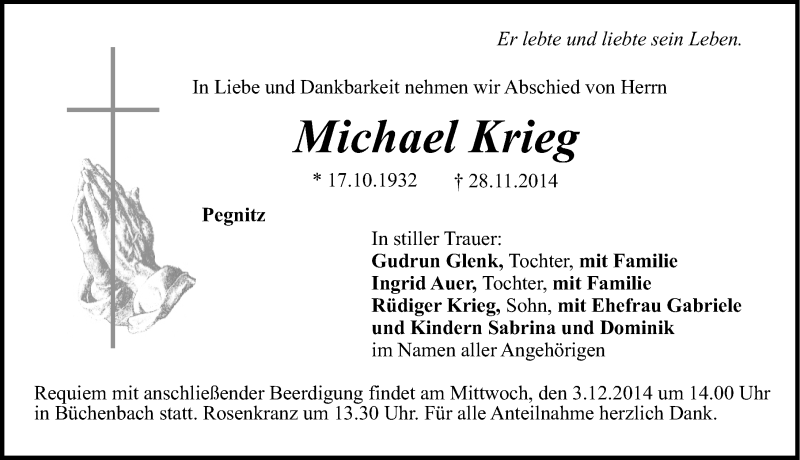  Traueranzeige für Michael Krieg vom 01.12.2014 aus Nordbayerische Nachrichten Pegnitz Lokal