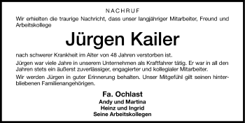 Traueranzeige von Jürgen Kailer von Altmühl-Bote Lokal