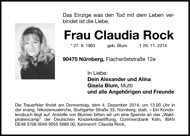  Traueranzeige für Claudia Rock vom 03.12.2014 aus Gesamtausgabe Nürnberger Nachrichten/ Nürnberger Ztg.
