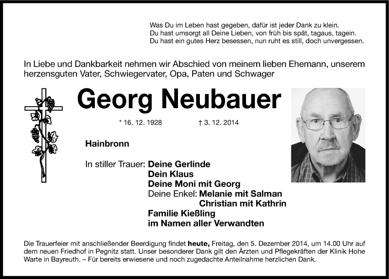  Traueranzeige für Georg Neubauer vom 05.12.2014 aus Nordbayerische Nachrichten Pegnitz Lokal