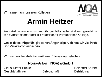 Traueranzeige von Armin Heitzer von Gesamtausgabe Nürnberger Nachrichten/ Nürnberger Ztg.