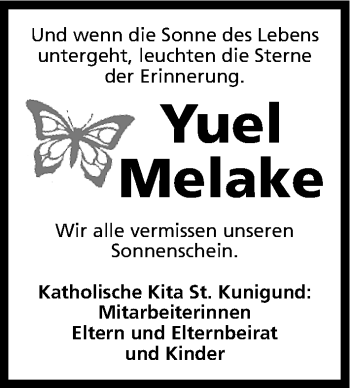 Traueranzeige von Yuel Melake von Gesamtausgabe Nürnberger Nachrichten/ Nürnberger Ztg.