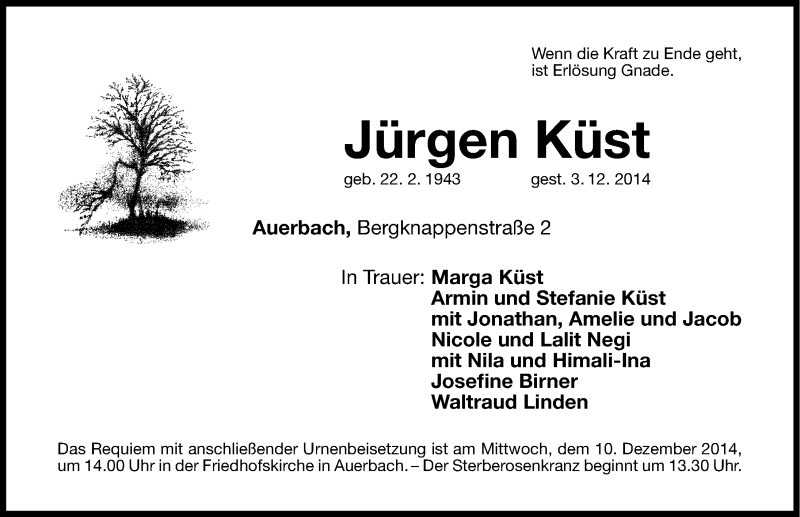  Traueranzeige für Jürgen Küst vom 06.12.2014 aus Nordbayerische Nachrichten Pegnitz Lokal