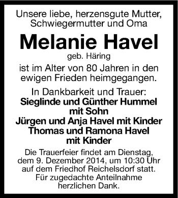 Traueranzeige von Melanie Havel von Gesamtausgabe Nürnberger Nachrichten/ Nürnberger Ztg.