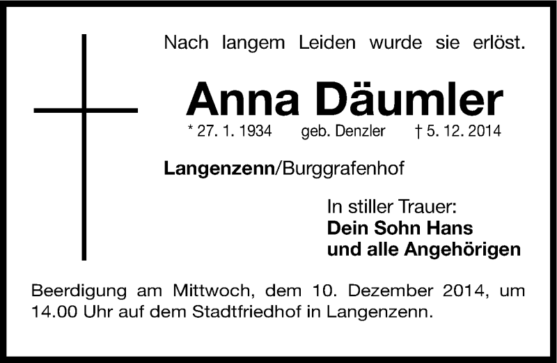  Traueranzeige für Anna Däumler vom 08.12.2014 aus Fürther Nachrichten Lokal