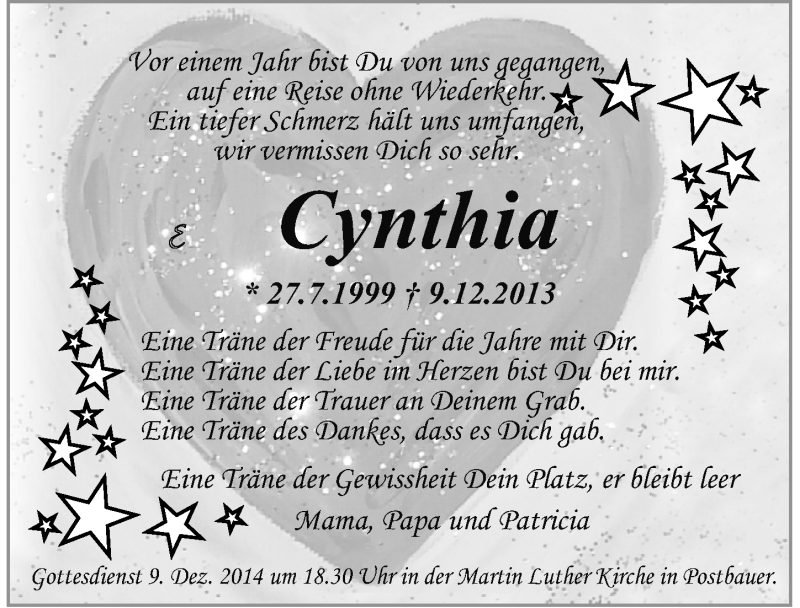  Traueranzeige für Cynthia Behnke vom 09.12.2014 aus Neumarkter Nachrichten Lokal