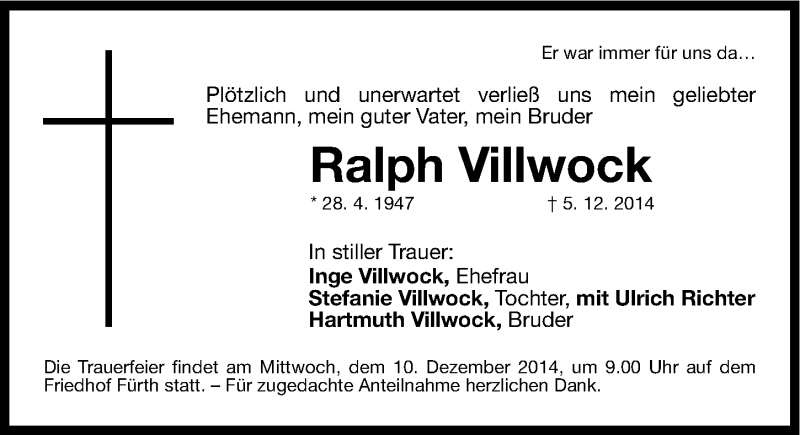  Traueranzeige für Ralph Villwock vom 09.12.2014 aus Fürther Nachrichten Lokal