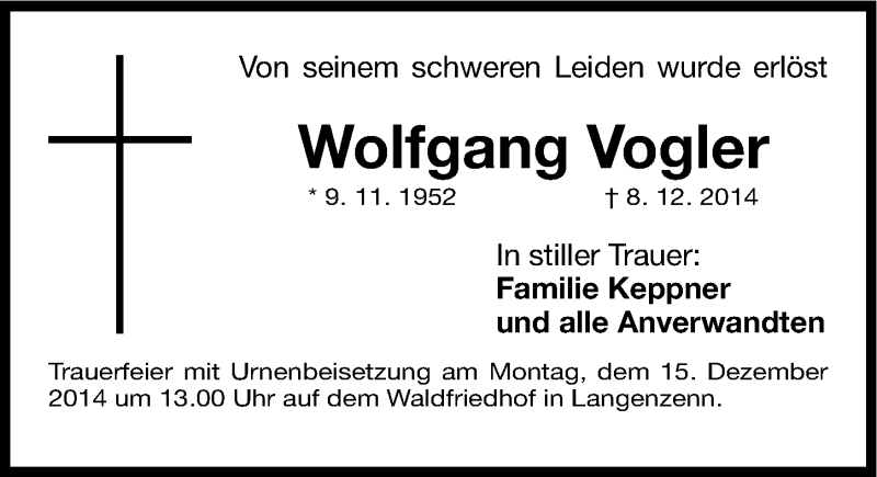  Traueranzeige für Wolfgang Vogler vom 12.12.2014 aus Fürther Nachrichten Lokal
