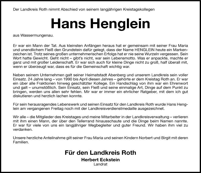  Traueranzeige für Hans Henglein vom 11.12.2014 aus Roth-Hilpoltsteiner Volkszeitung Lokal